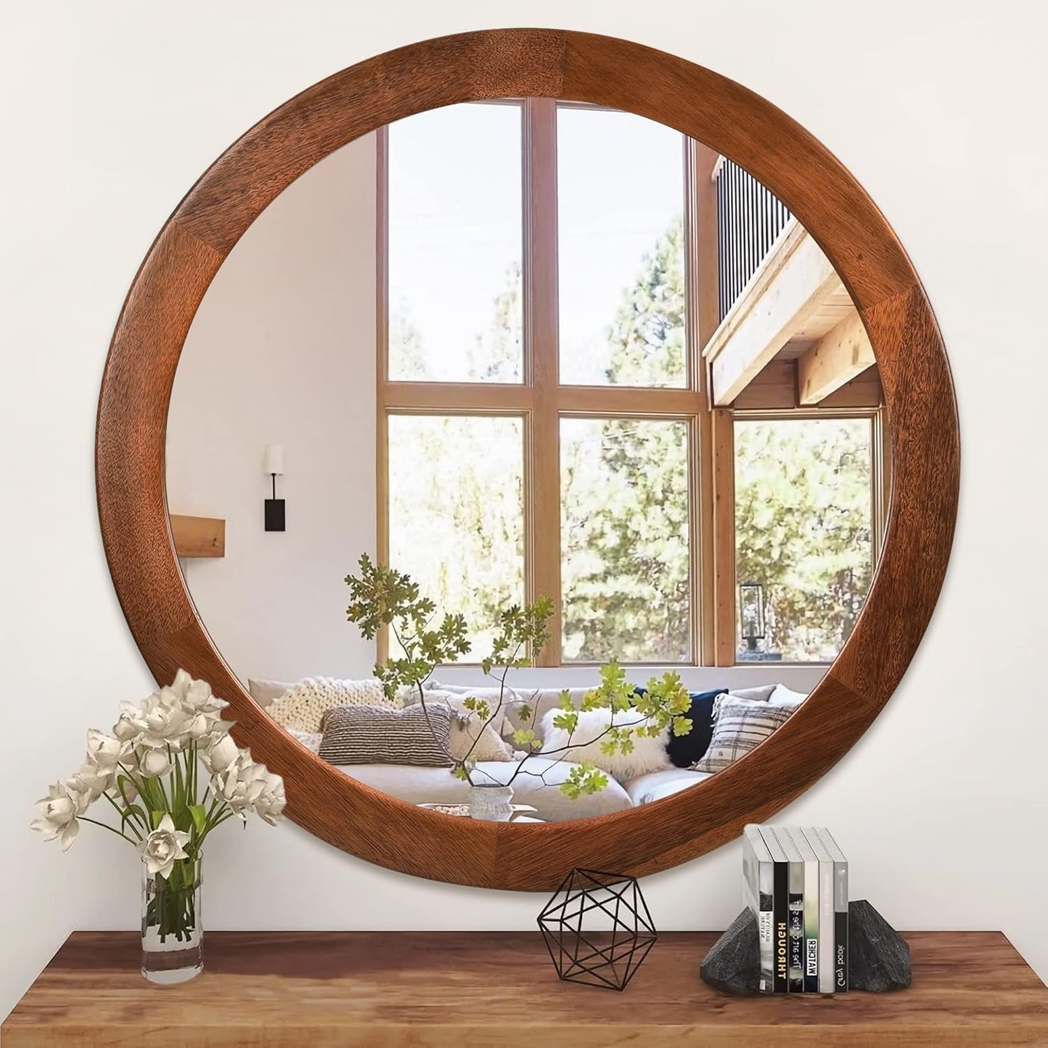 30" Walnut Wood Round Wall Mirror: Rustic Style-1