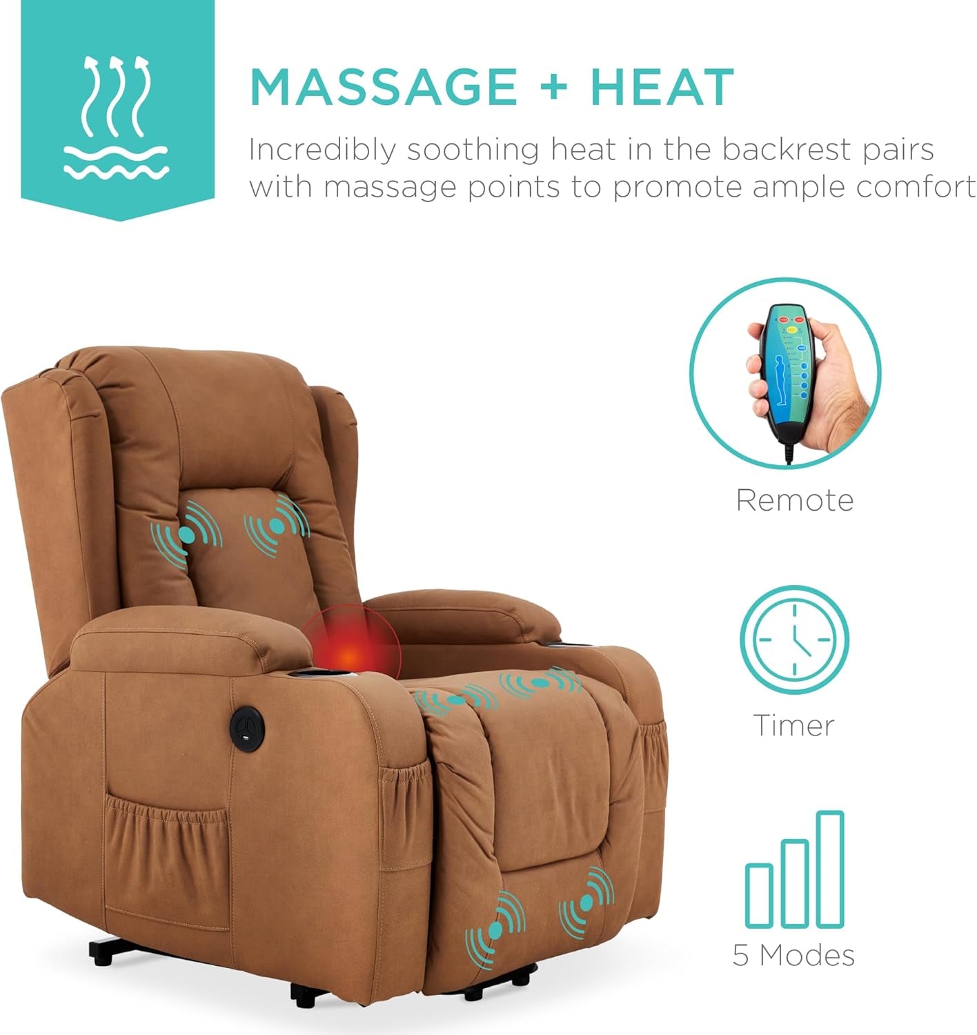 PU Leather Electric Power Lift Chair, Recliner Massage Chair, Adjustable Furniture for Back, Legs W/ 3 Positions, USB Port, Heat, Cupholders, Easy-To-Reach Side Button - Cognac-4
