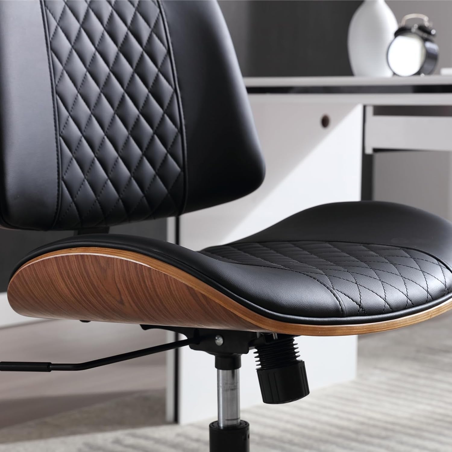 Home Office Chair No Arms with Wheels, Adjustable Height Small Desk Chair, PU Leather Mid Back 360 Swivel Computer Chair, Armless Modern Walnut Chair for Office, Reading Meeting Room(Black)-2