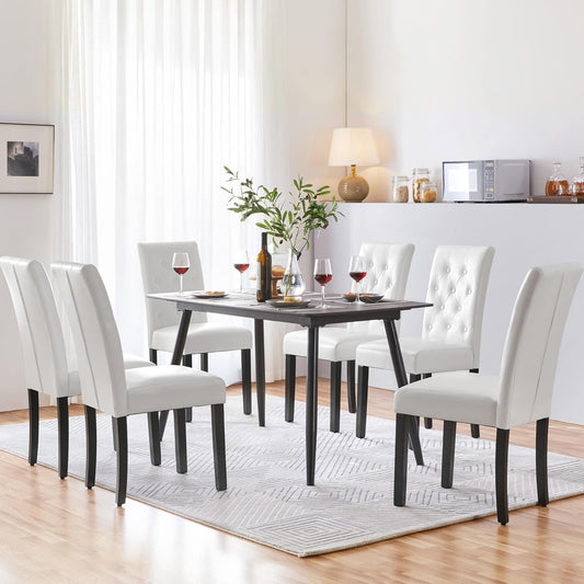 Yaheetech Dining Chairs with Leather Seat and Solid Wood Legs Button Tufted Padded Kitchen Chair Accent Side Chair for Home Kitchen and Restaurant, Set of 6, White-0