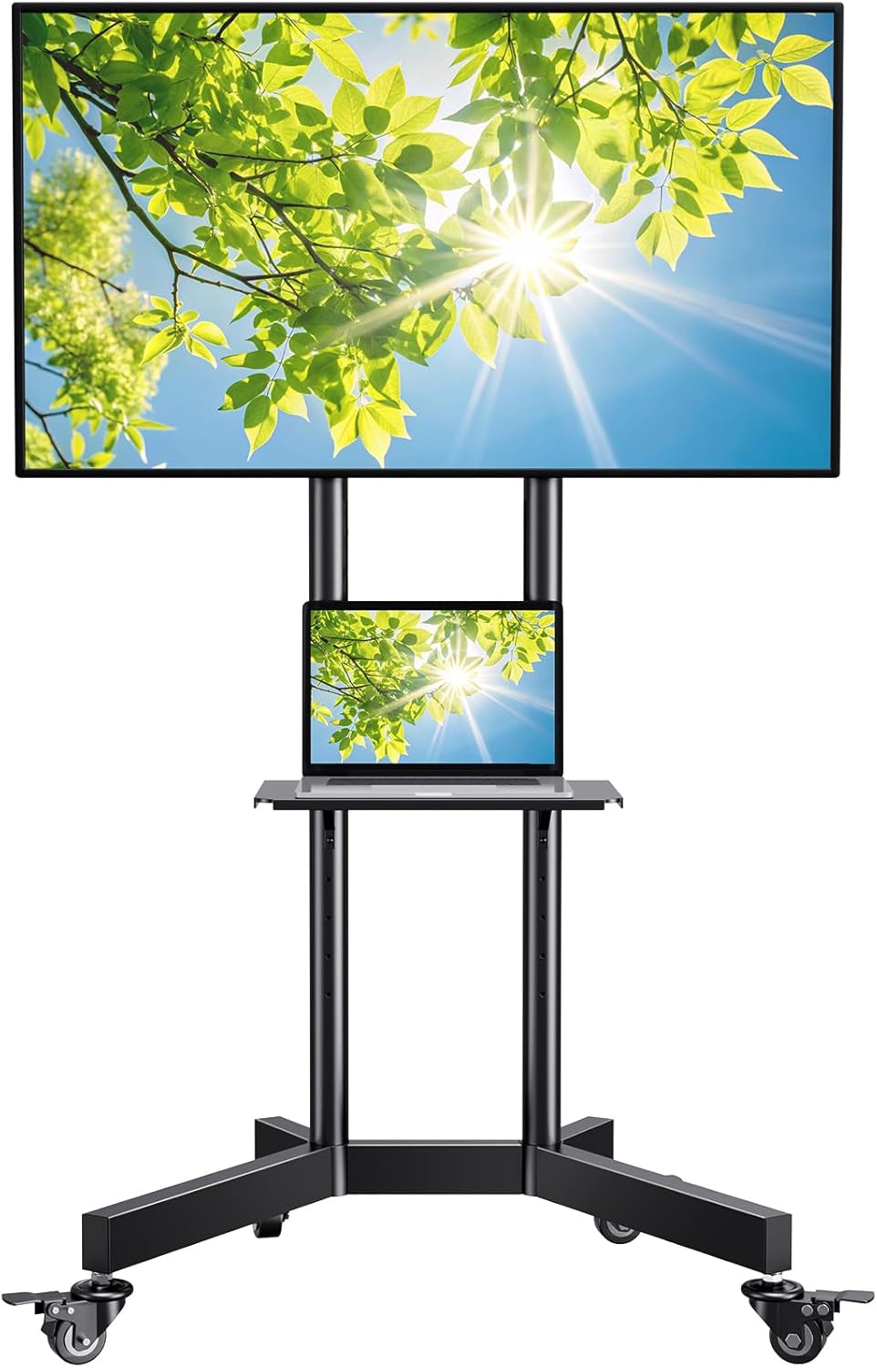 Rolling TV Stand for 32-85 Inch Tvs Holds up to 132 Lbs, Height Adjustable Mobile TV Cart with Wheels, Mobile TV Stand with Tray, Portable TV Stand for 4K Tvs Max VESA 600X400Mm PSTVMC01-0