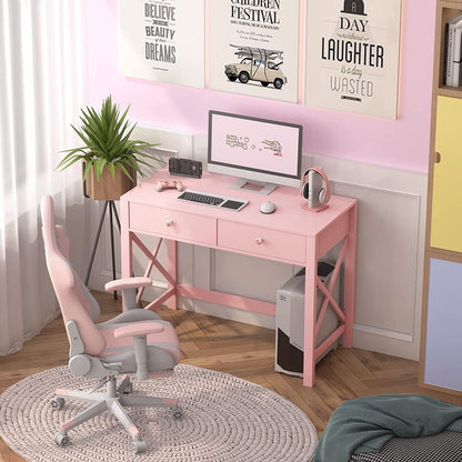 Pink Modern Writing Computer Desk with Drawers-3