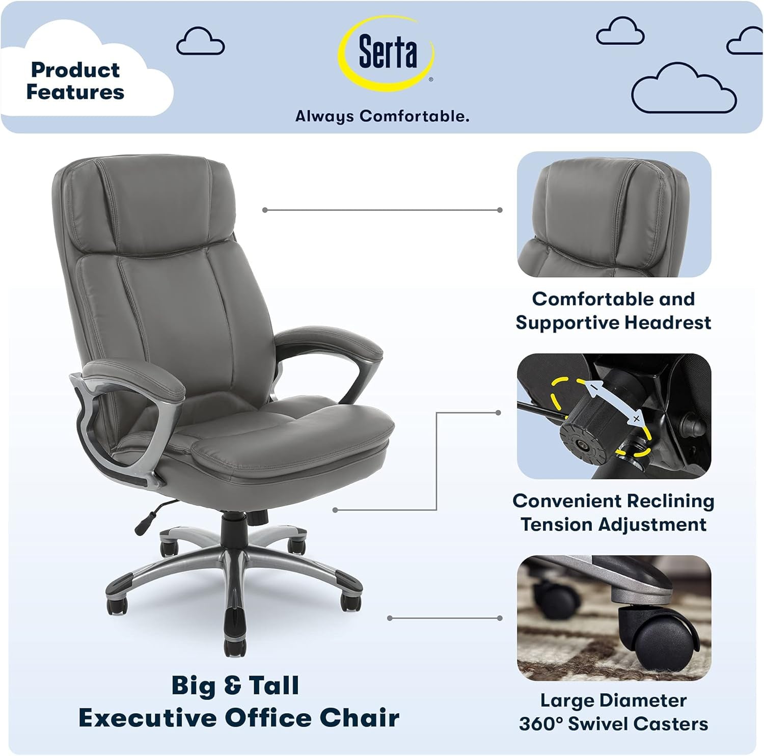 Fairbanks Big and Tall High Back Executive Office Chair, Ergonomic Gaming Computer Chair with Layered Body Pillows, Contoured Lumbar Zone, Gray-3