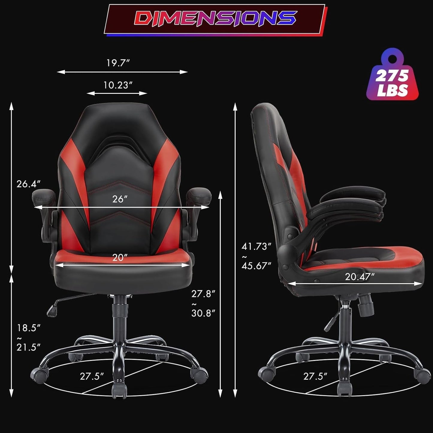 Black Red Gaming Chair, Leather, Flip-Up Arms, Swivel-2