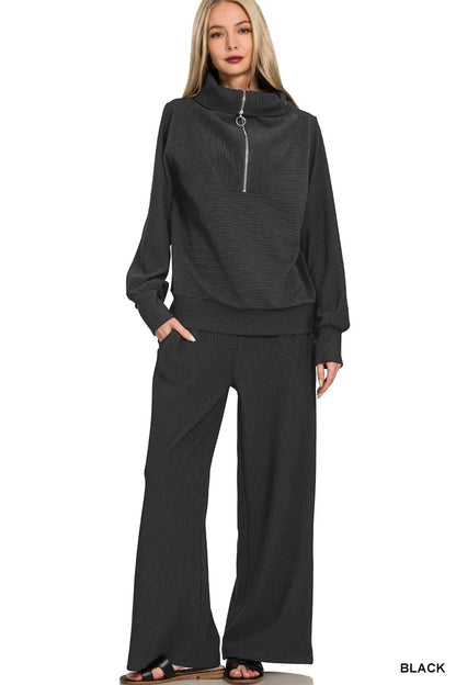 Zenana Ribbed High Neck Half Zip Pullover & Pants Set