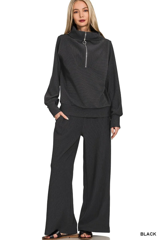 Zenana Ribbed High Neck Half Zip Pullover & Pants Set