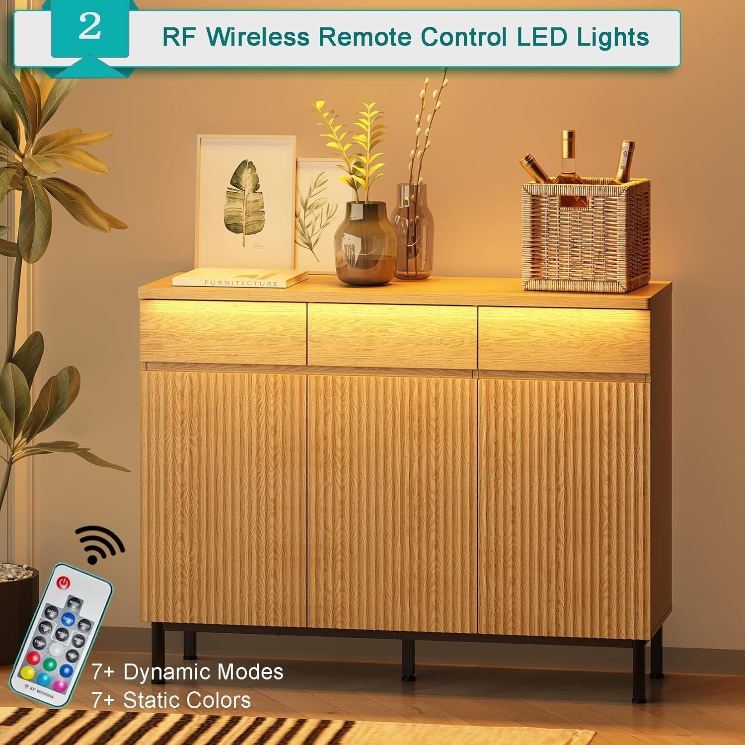 Natural 46Inch LED Sideboard Buffet Cabinet Storage-3