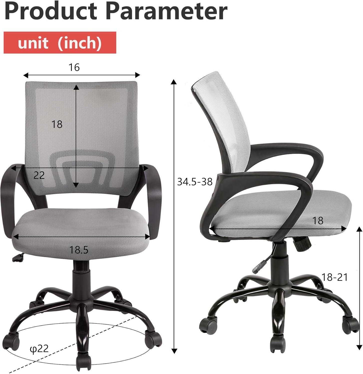 Office Chair Computer Chair Ergonomic Cheap Desk Chair Adjustable Comfortable Mid Back Task Rolling Swivel Chair with Lumbar Support for Home Office Desk (Grey)-2