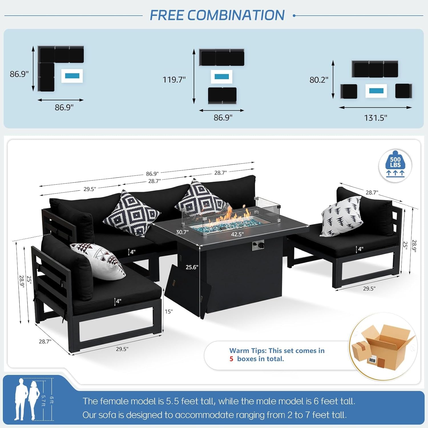 ® Modern Large Grey Aluminum Outdoor Patio Furniture Set with Fire Pit Table, 29'' Deep Wide Seating Conversation Sofa L Shaped Sectional Couch Set (6 Pieces, 5 Seats)-3