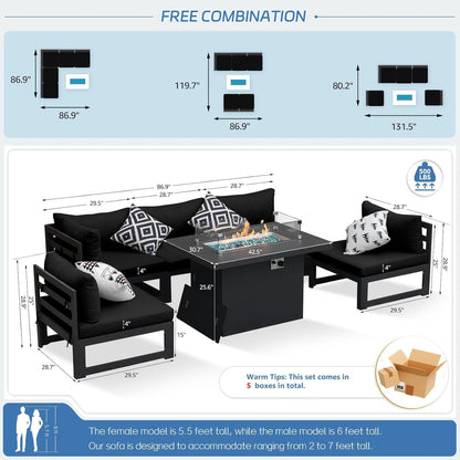 ® Modern Large Grey Aluminum Outdoor Patio Furniture Set with Fire Pit Table, 29'' Deep Wide Seating Conversation Sofa L Shaped Sectional Couch Set (6 Pieces, 5 Seats)-3