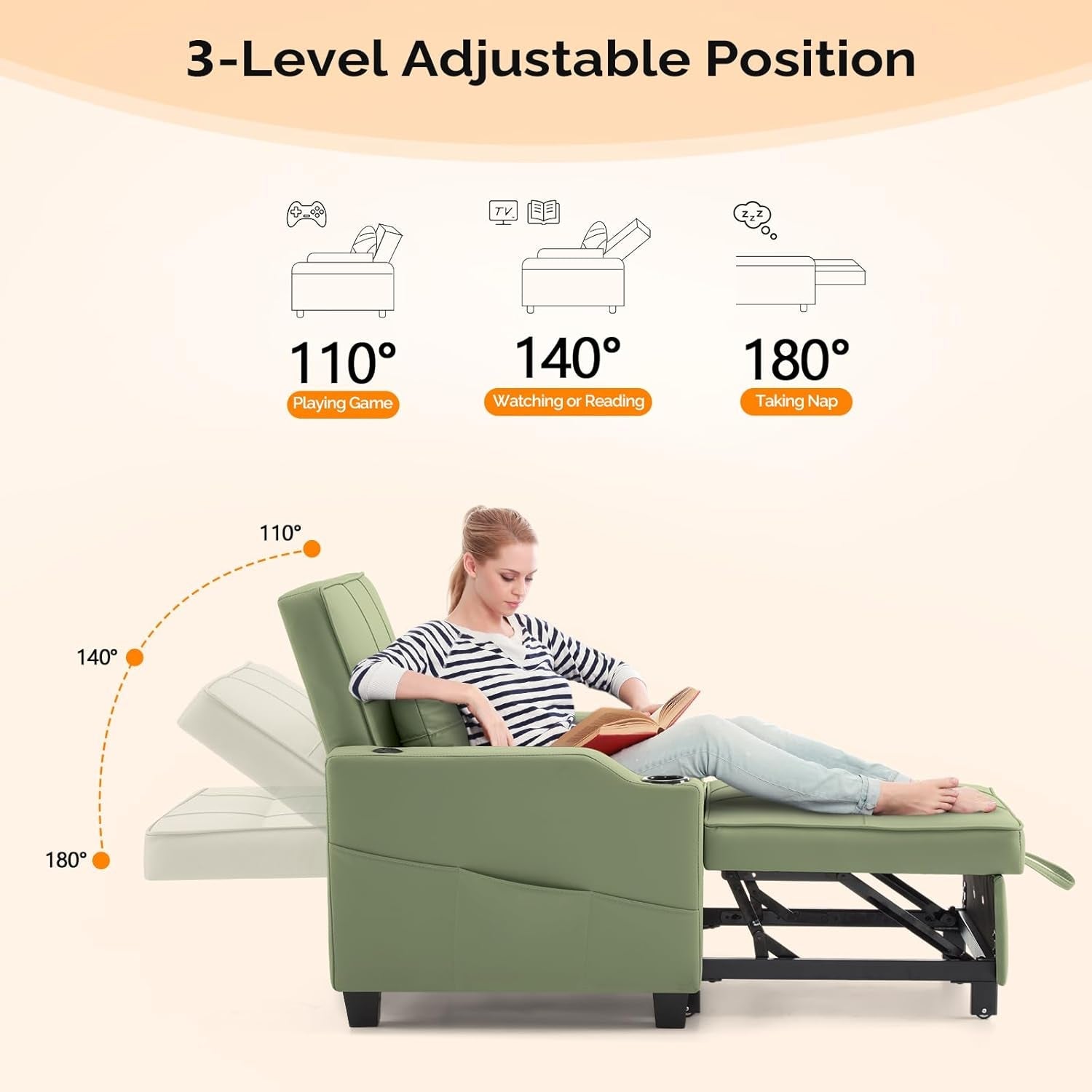 Sofa Bed Chair Recliner, 3-In-1 Convertible Sleeper Sofa Chair Bed Green Daybed Pull Out Couch Bed with Adjustable Backrest, USB Ports, Cup Holders for Small Spaces Living Room-4