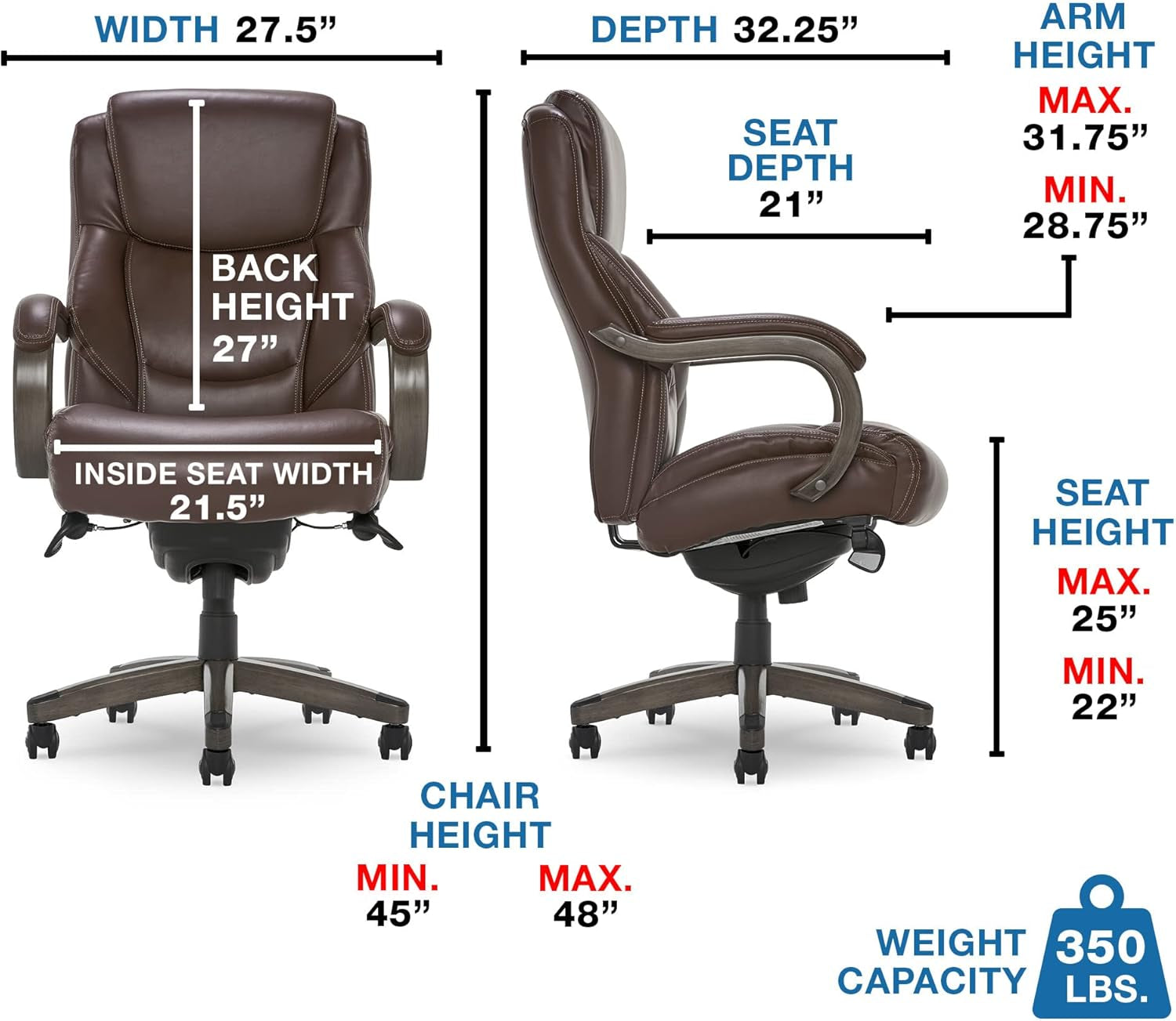 Delano Big & Tall Executive Office Chair | High Back Ergonomic Lumbar Support, Bonded Leather, Brown with Weathered Gray Wood |-2