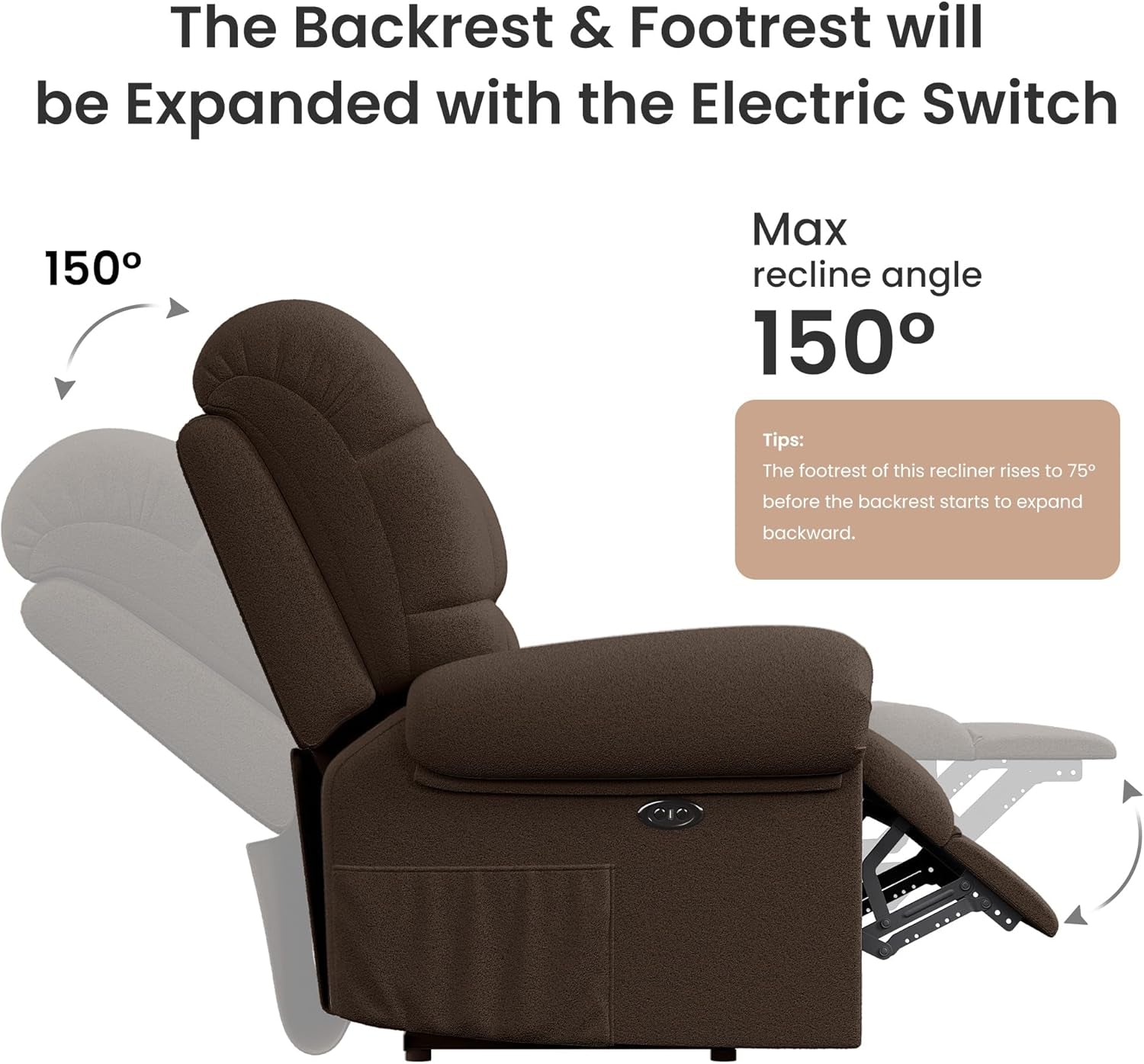 2024 New Power Recliner Chair for Adults, Adjustable Electric Chair Power Reclining Sofa, USB Port, Ultra-Comfy Teddy Fleece Recliner for Living Room, Tool-Less Assembly Single Sofa, Coffee-4
