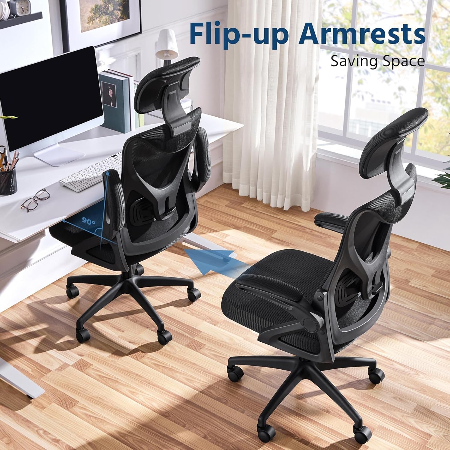 Ergonomic Office Chair, High Back Desk Chair with Flip-Up Armrest and Headrest, Mesh Computer Chair with Lumbar Support for Home Office Meeting Room Study, Black-3