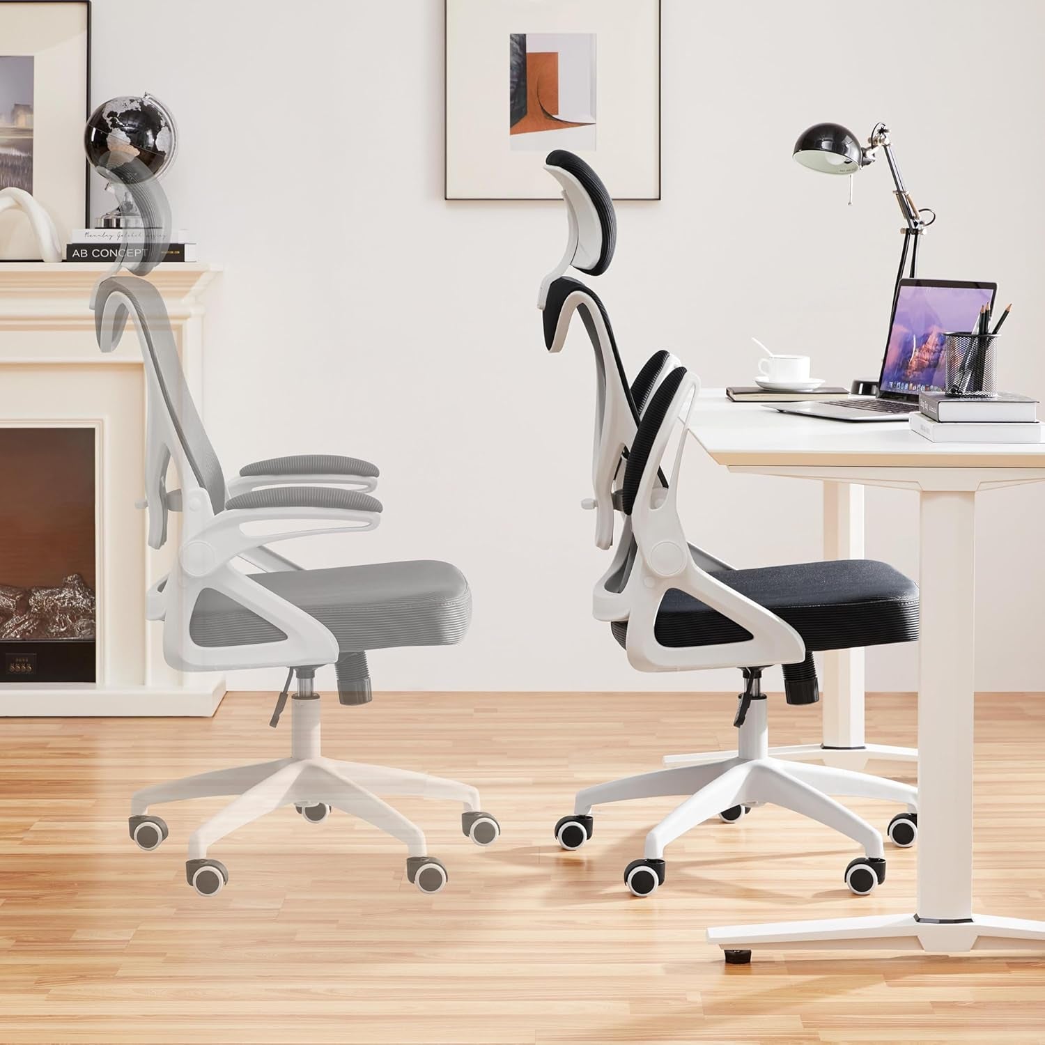 Ergonomic Mesh Office Chair, High Back Desk Chair with with Flip-Up Armrests, Adjustable Padded Headrest Computer Chair with Lumbar Support for Home Oiffce Game Room, White/Black-1
