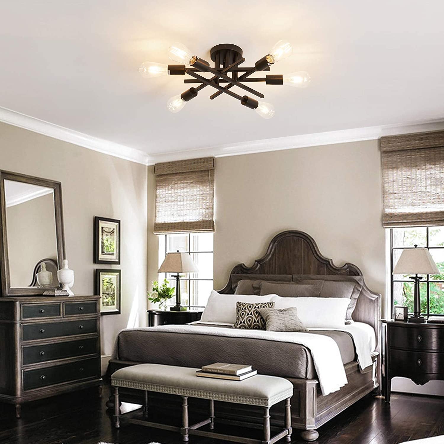 Semi Flush Mount Modern Ceiling Light Fixture， 6 Lights Black Vintage Matte Sputnik Chandelier Ceiling Lamp with E26 Bulb Base for Farmhouse Dining Room Living Room Bedroom Study Kitchen-1