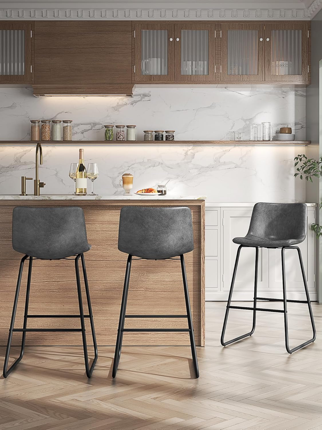 Bar Stools Set of 3, 26 Inches Counter Height Bar Stools with Back, Modern Faux Leather Barstools with Metal Legs and Footrest, Bar Chairs for Kitchens Island (Gray)-0