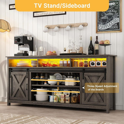 70In Wooden Farmhouse Entertainment Center for 80/75 Inch Tv,Double Layer Storage Farmhouse TV Stand,Double-Row Sockets with Wood Sliding Barn Door TV Stand(Double Layer Grey Wash)-3