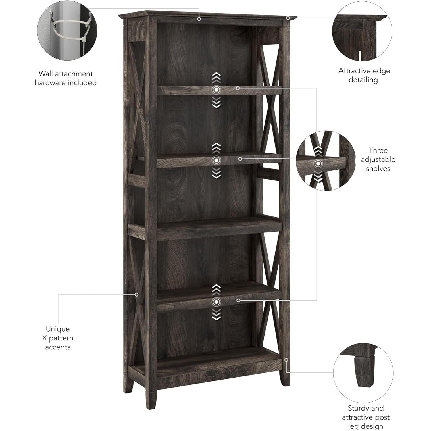 Bush Furniture Tall 5 Shelf Bookcase for Living Room or Home Office, Large Bookshelf, Modern Farmhouse Style, Key West Collection, Dark Gray Hickory-4