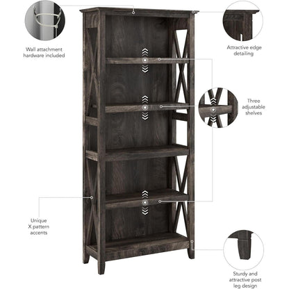 Bush Furniture Tall 5 Shelf Bookcase for Living Room or Home Office, Large Bookshelf, Modern Farmhouse Style, Key West Collection, Dark Gray Hickory-4