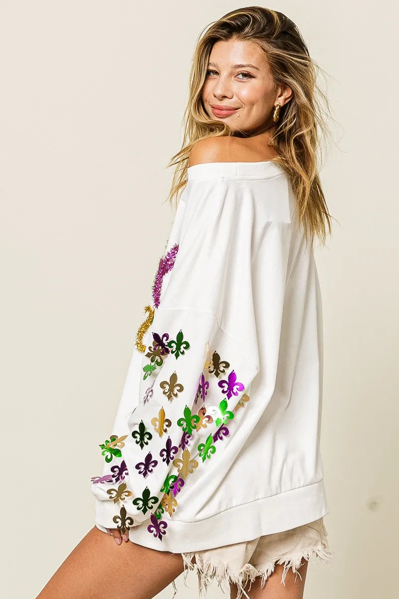 BiBi Fleur De Lis Sleeve Mardi Gras Pullover