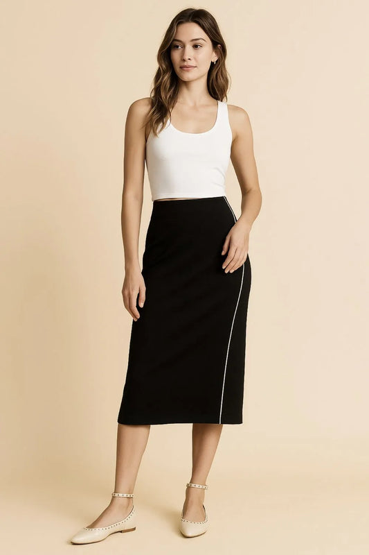 Umgee Midi Pencil Skirt with Contrast Piping Detail