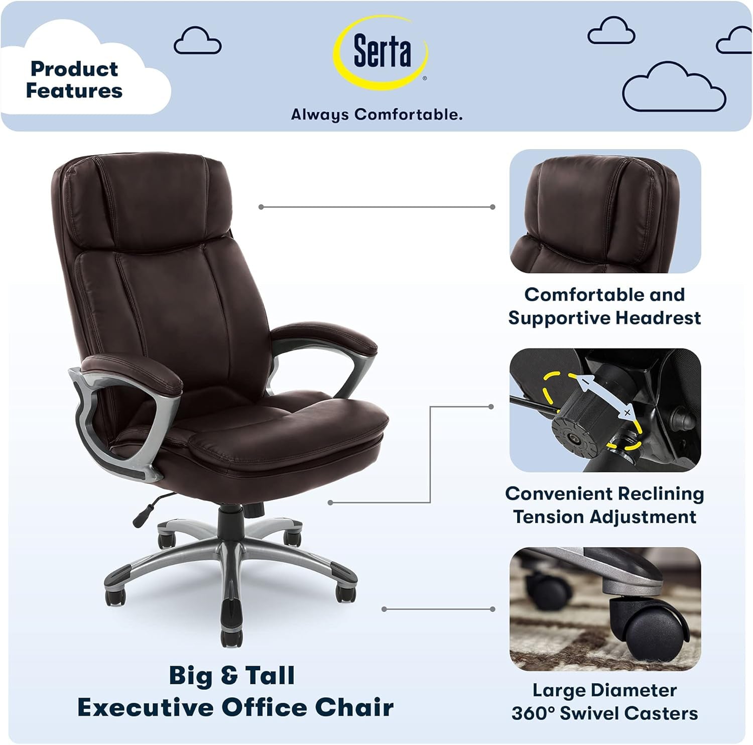 Fairbanks Big and Tall High Back Executive Office Chair, Ergonomic Gaming Computer Chair with Layered Body Pillows, Contoured Lumbar Zone, Brown-3