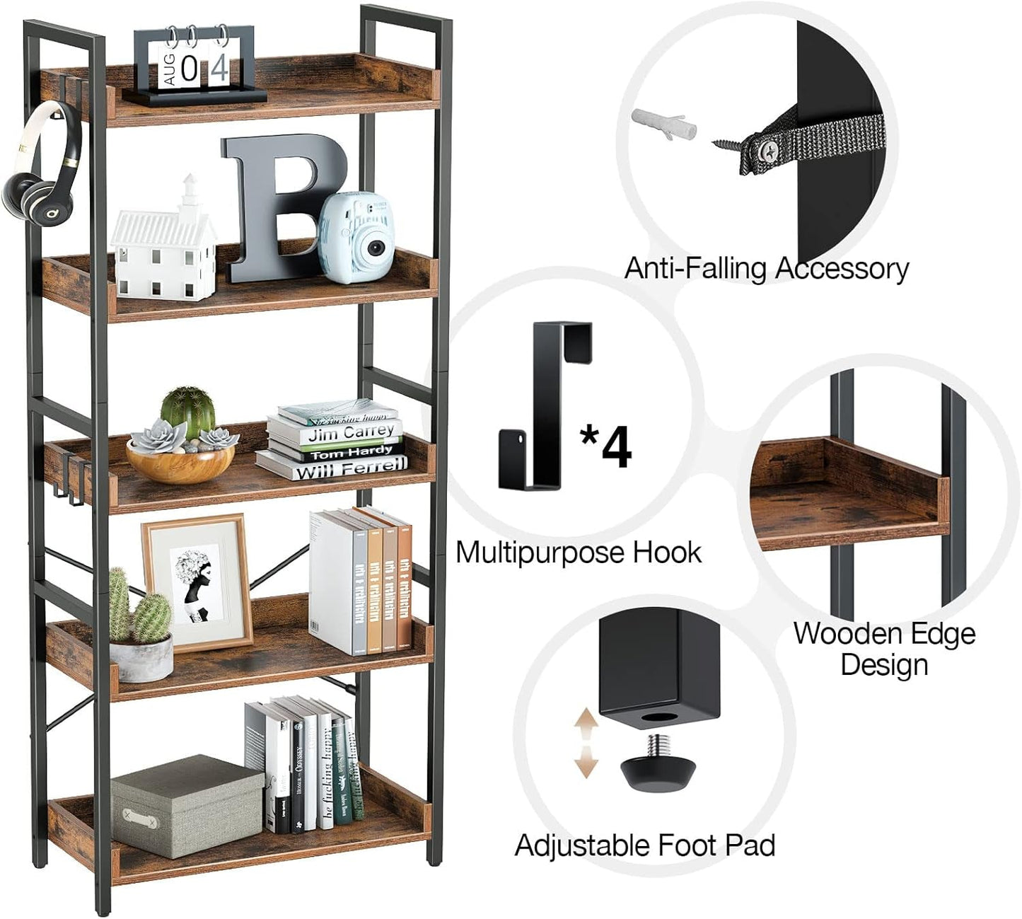 Industrial Rustic Brown Wood Quintuple Tier Bookcase-3