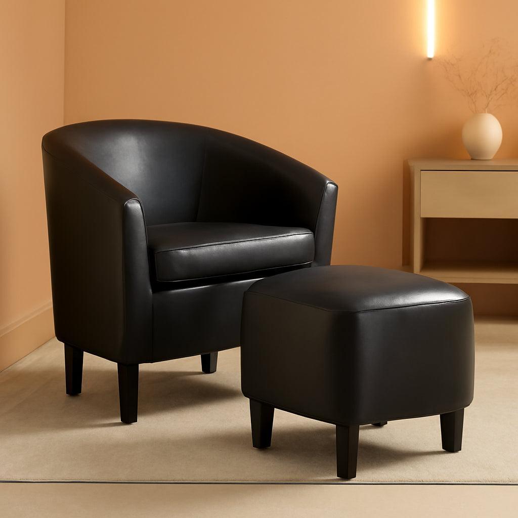 Modern Black Faux Leather Accent Chair With Ottoman Set-0