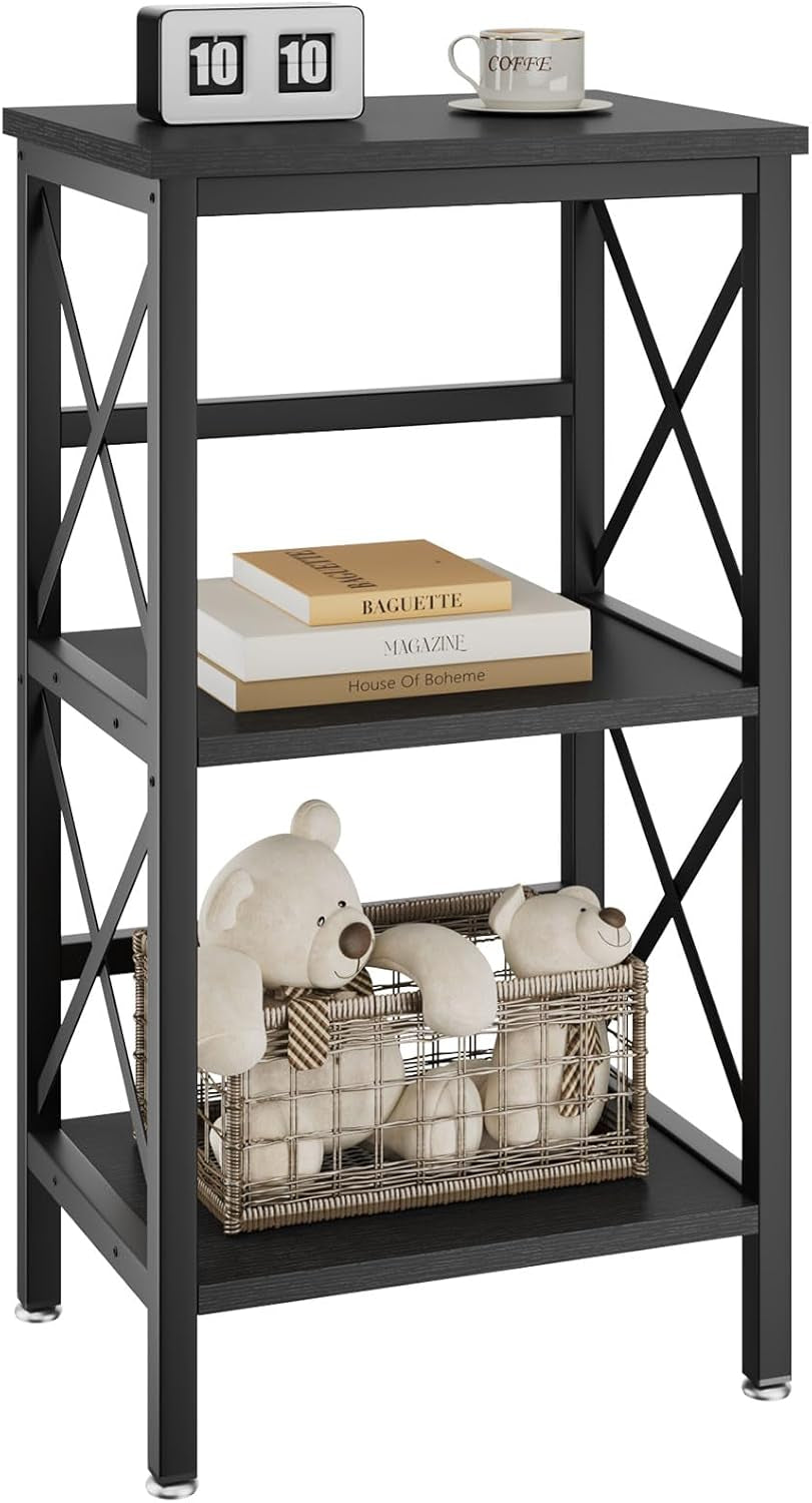 3 Tiers Bookcase, Industrial Metal Bookshelf with Side Fence, Storage Organizer for Living Room, Home Office, Bedroom, Display Racks, Sofa Side Table, 29.5 * 15.75 * 11.4", Black UHST008B-0