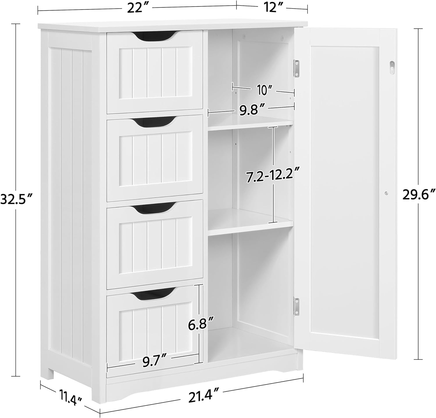 Wooden Floor Cabinet, Side Storage Organizer with 4 Drawers and 1 Cupboard, Freestanding Entryway Storage Unit Console Table, Bathroom Furniture Home Decor, White-2