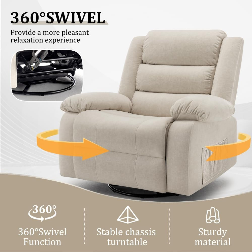 Recliner Chair, Wide Rocker Chair, Rocking Chair with Massage and Heat,360°Swivel Nursery Rocking Chairs, Oversized Recliner for Adults, Cashmere Reclining Sofa for Living Room, Beige-2