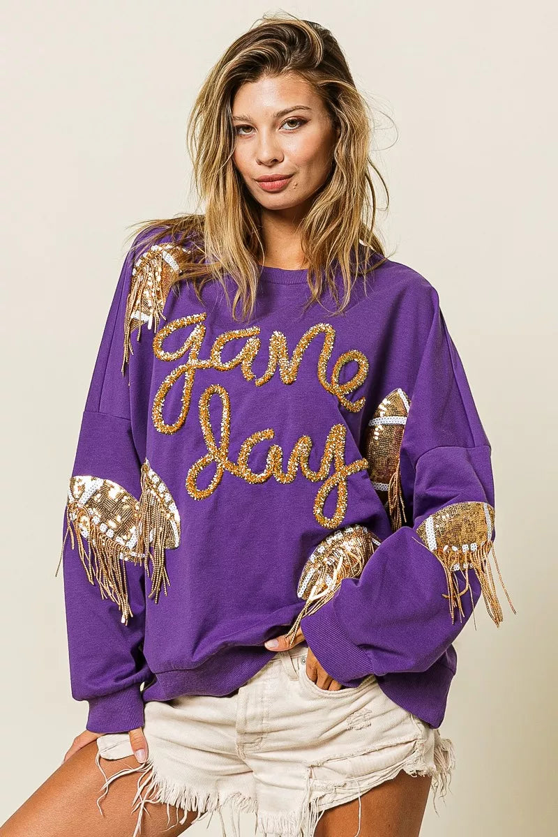 BiBi Sequin Football Patches Game Day Sweatshirt