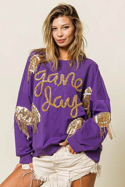 BiBi Sequin Football Patches Game Day Sweatshirt