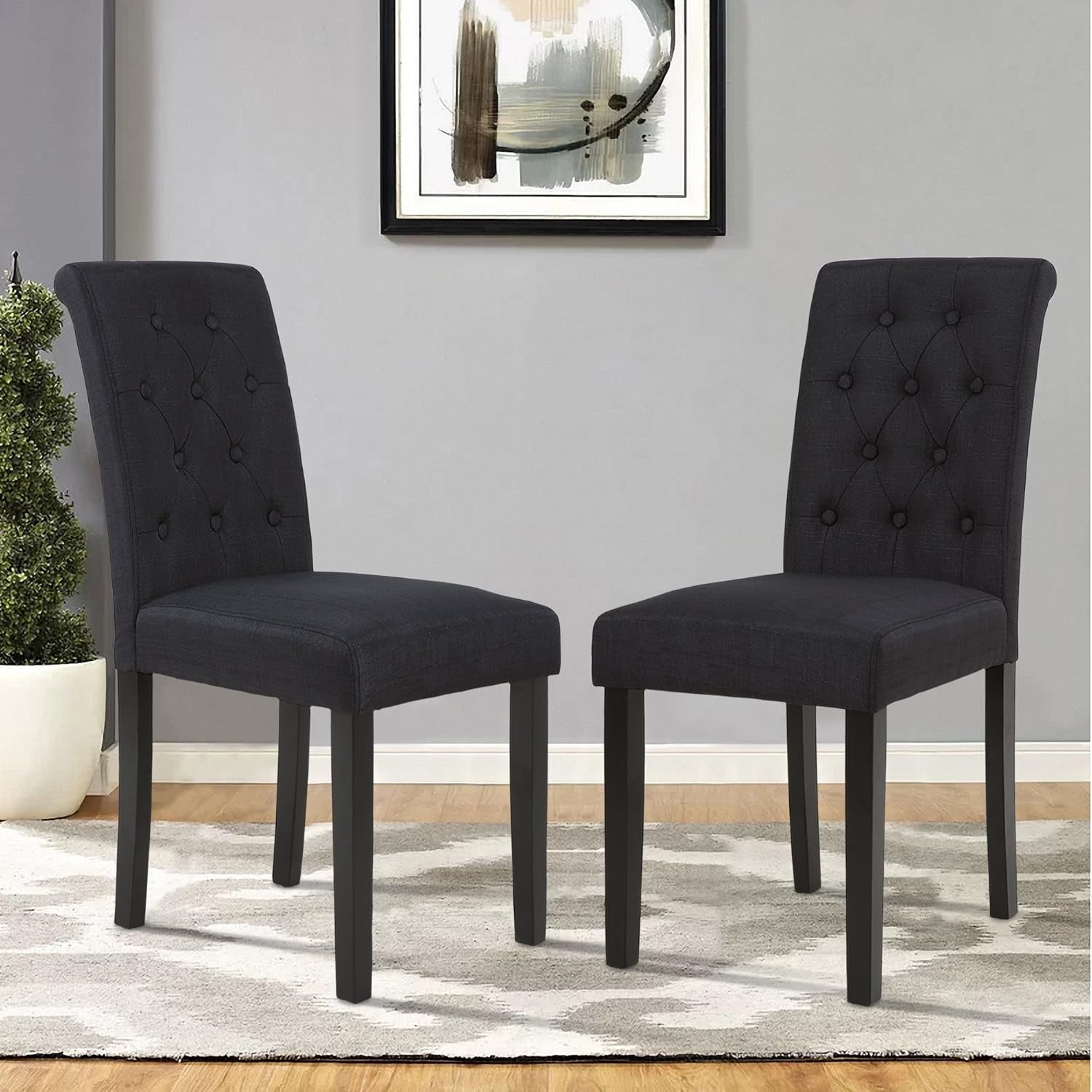 Set of 2 Upholstered Fabric Dining Chairs with Button-Tufted Details (Black)-1