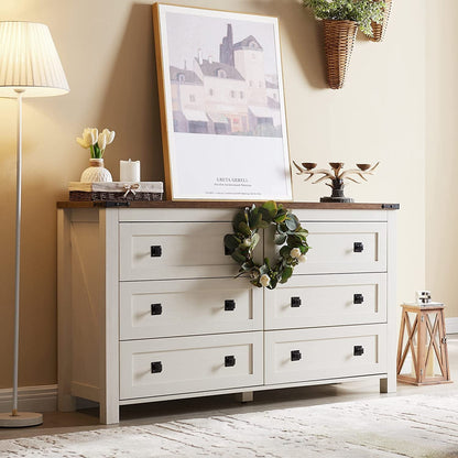 Rustic White Dresser with 6 Drawers for Bedroom Storage-1