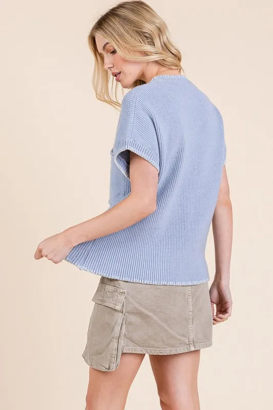 Lime 'N' Chili Solid Cap Sleeve Stitch Edge Knit Sweater