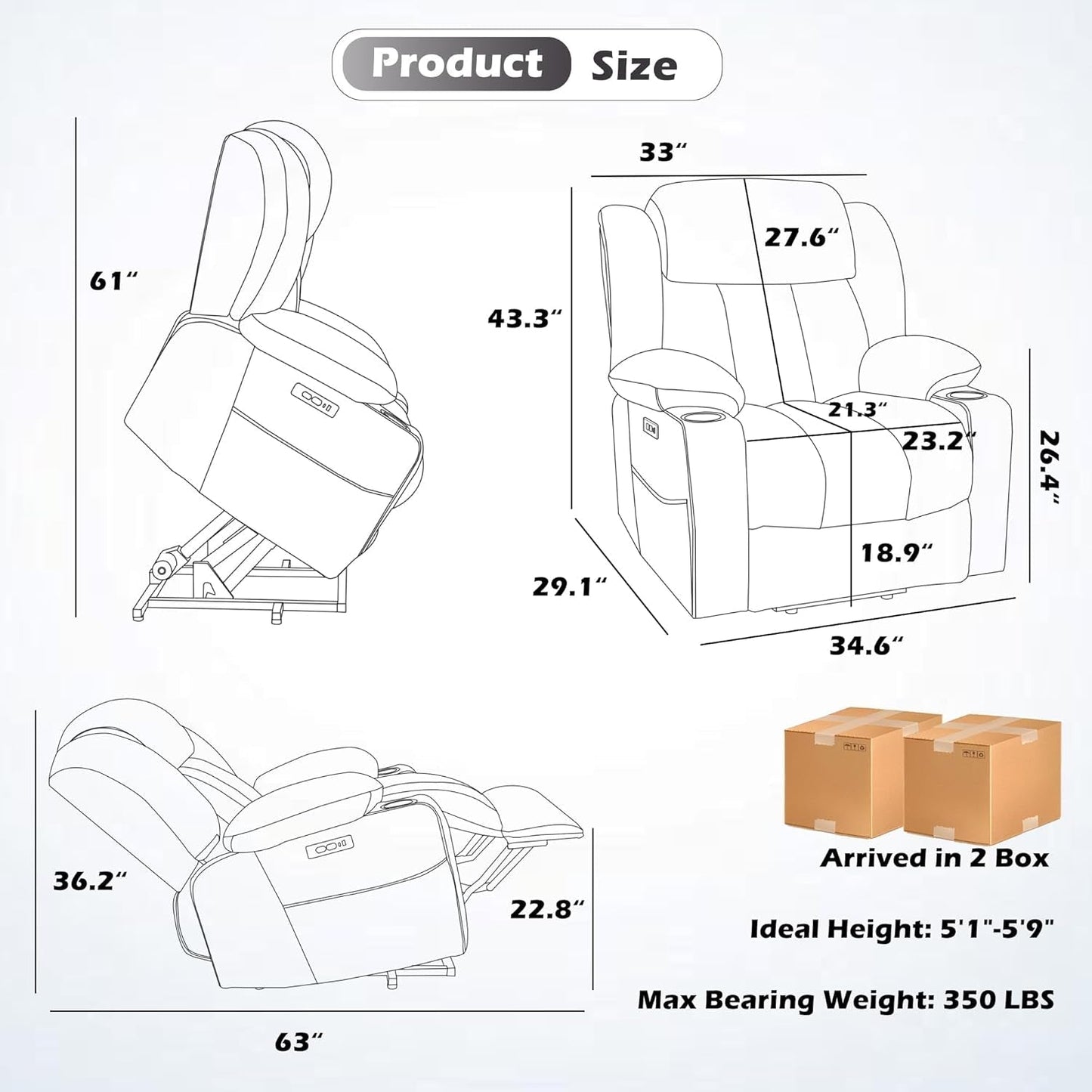 2024 Power Lift Recliner Chair with Full-Body Massage and Heat for Elderly, Hand Remote Control, Upgraded Powerful Motor, Extended Footrest, USB Ports, Stainless Steel Cup Holders, Chenille Grey-2