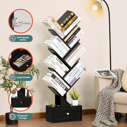 8 Tier Tree Bookshelf with Drawer, Free Standing Wood Bookcase for Living Room, Bedroom, Home Office, Space Saving Storage Organizer Bookshelves for Books, Cds, Vinyl Records- Black-4
