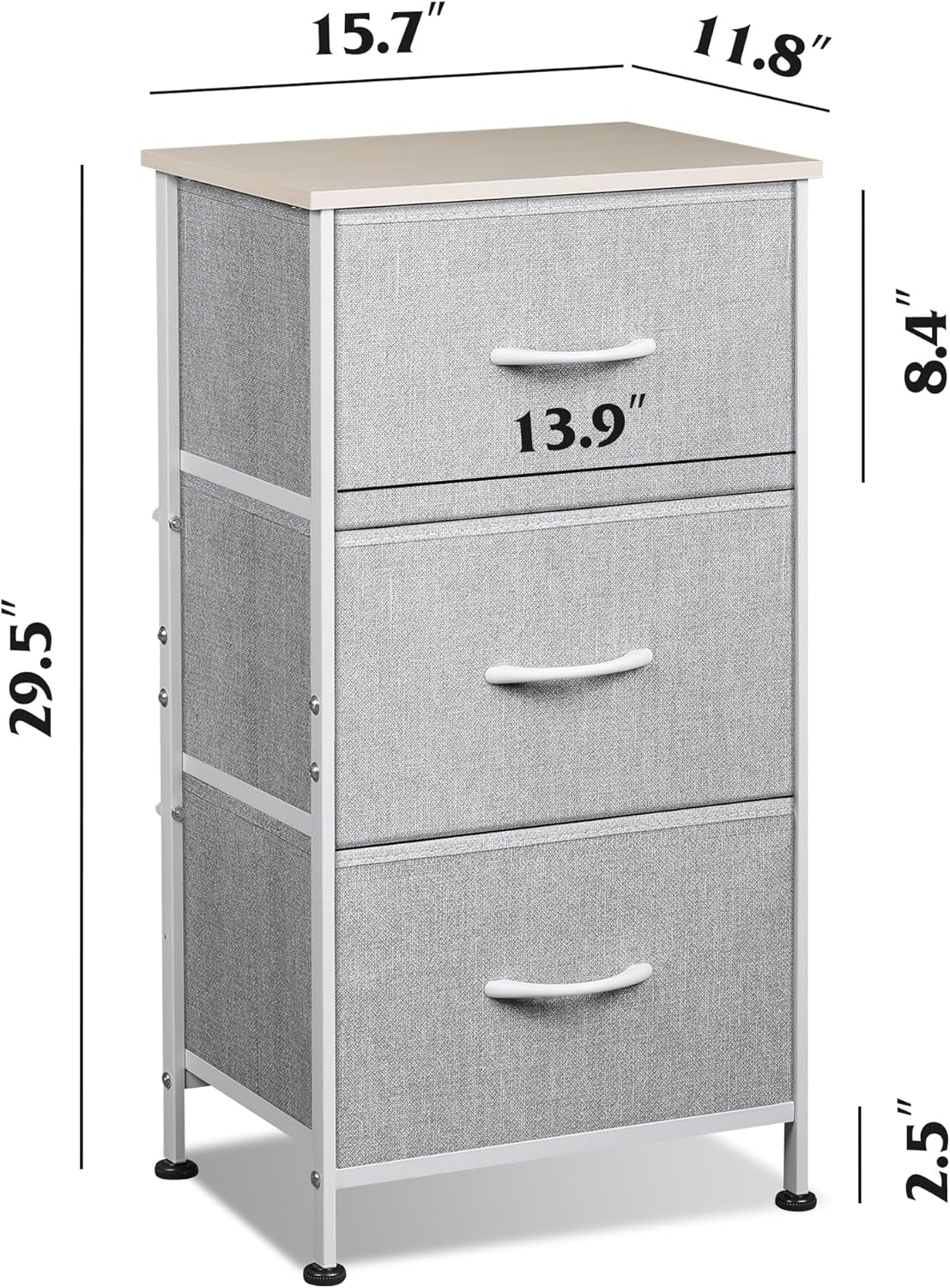Nightstand with 3 Drawers, Fabric Dresser, Organizer Unit, Storage Dresser for Bedroom, Hallway, Entryway, Closets, Sturdy Steel Frame, Wood Top, Easy Pull Handle, Light Grey-2