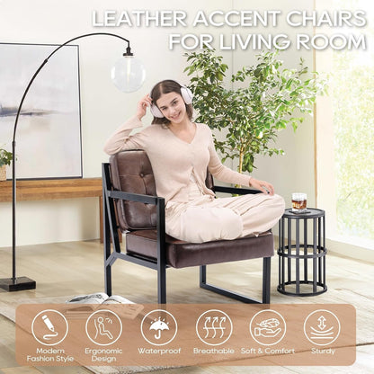 Mid Century Modern Accent Chair Set of 2, Comfy Living Room Chair, Brown Leather Accent Chair, Faux Leather Reception Armchair with Metal Legs for Living Room Bedroom Reception Office, Brown-4