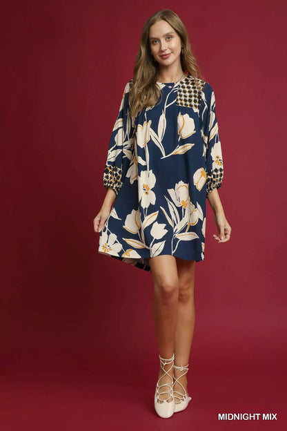Umgee Navy Floral High-Low Babydoll Day Dress SM/MED/LG