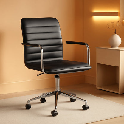 Taytum Swivel Task Chair with Armrests for Home Office in Black Faux Leather with Polished Nickel Frame-0