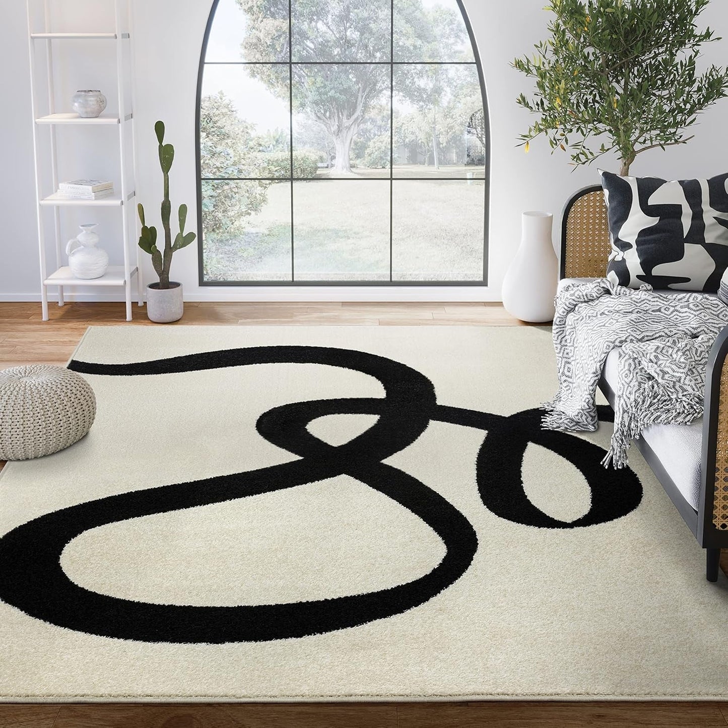 Abstract Beige/Black Area Rug - 8'X10' - Modern Curved Line Design - Deco Collection - Easy to Clean - Durable for High Traffic Areas - Living Room, Dining Room - Medium Pile-0