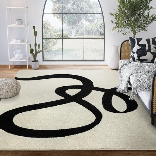 Abstract Beige/Black Area Rug - 8'X10' - Modern Curved Line Design - Deco Collection - Easy to Clean - Durable for High Traffic Areas - Living Room, Dining Room - Medium Pile-0