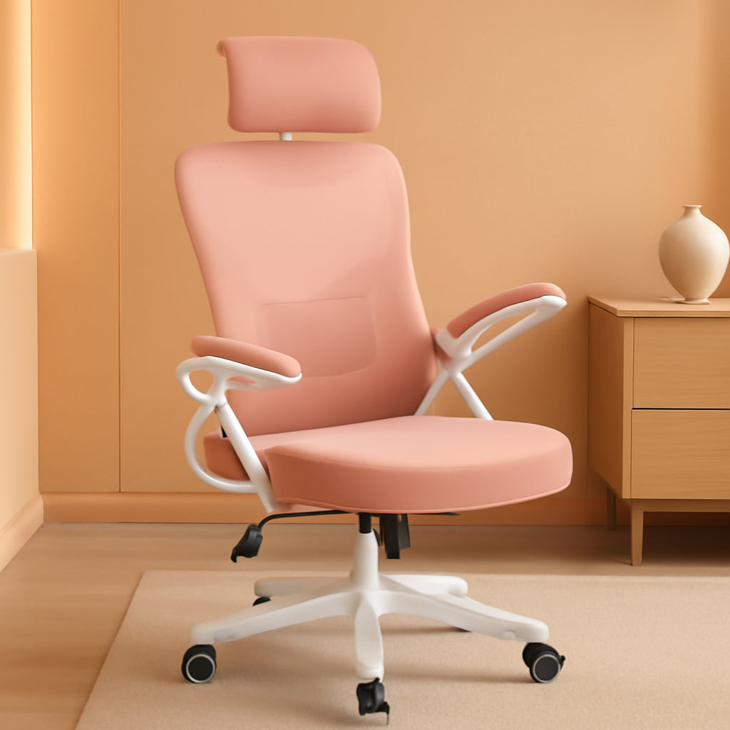 Ergonomic Office Chair, High Back Mesh Desk Chair with Flip-Up Armrests, Adjustable Headrest Computer Chair with Lumbar Support for Home Oiffce Gaming Room, White/Pink-0