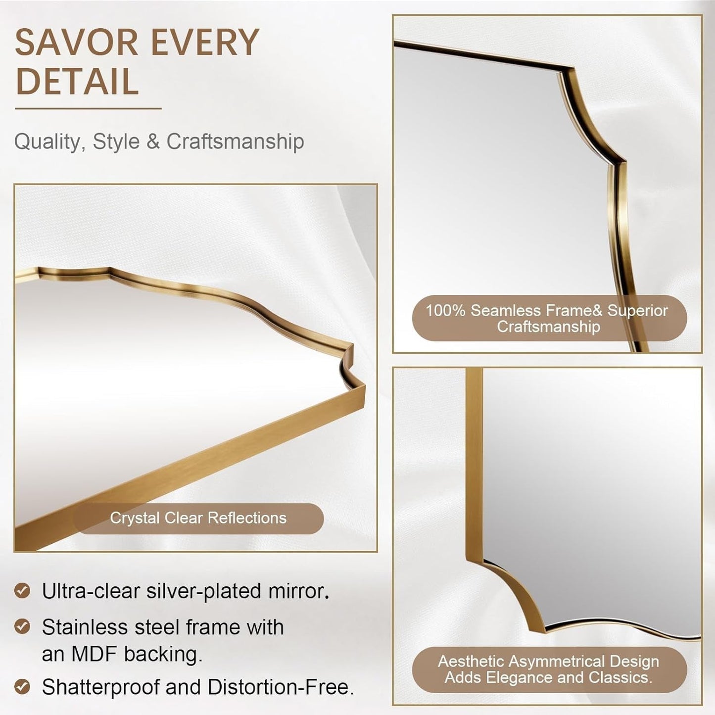 Stainless Steel Metal Frame Wall Mount Vanity Mirror, 22X30 Irregular Asymmetrical Mirror for Bathroom, Bedroom, Living Room, Mantel-2