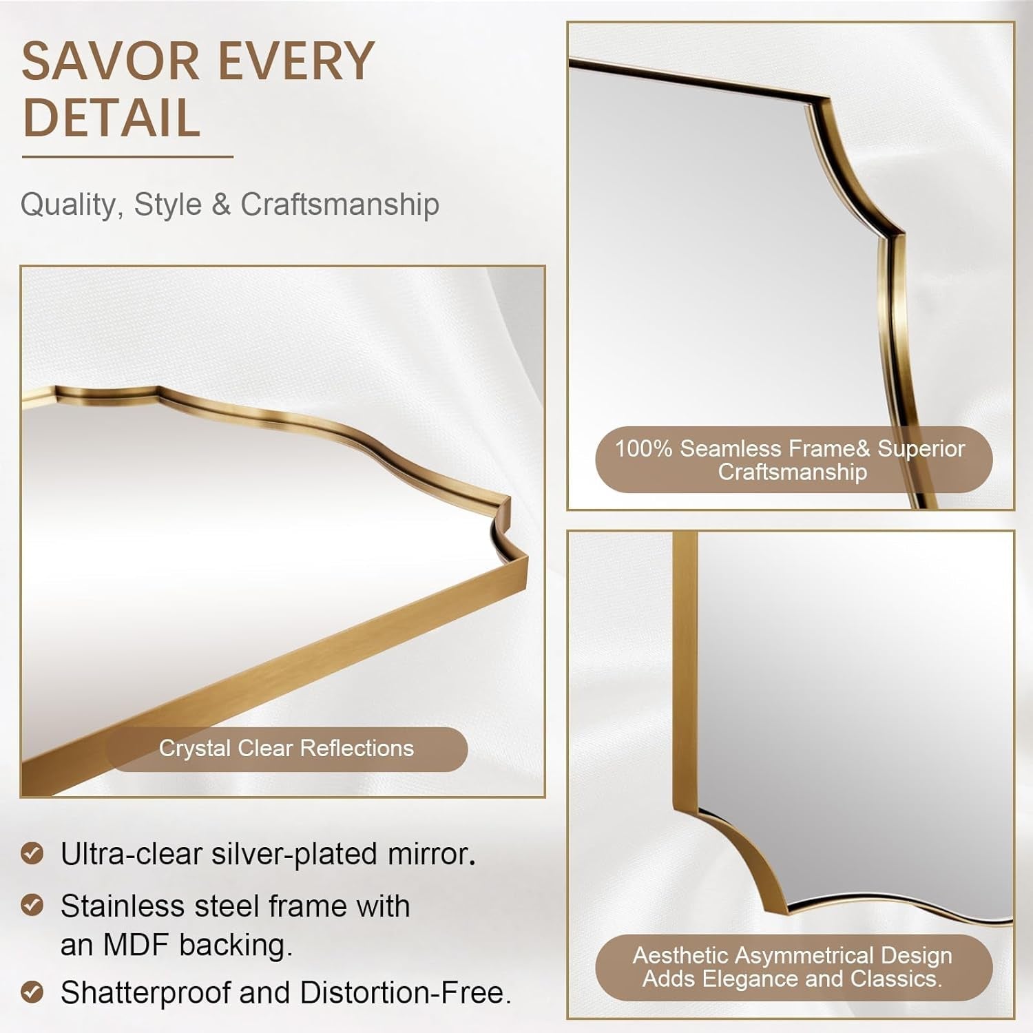 Stainless Steel Metal Frame Wall Mount Vanity Mirror, 22X30 Irregular Asymmetrical Mirror for Bathroom, Bedroom, Living Room, Mantel-2