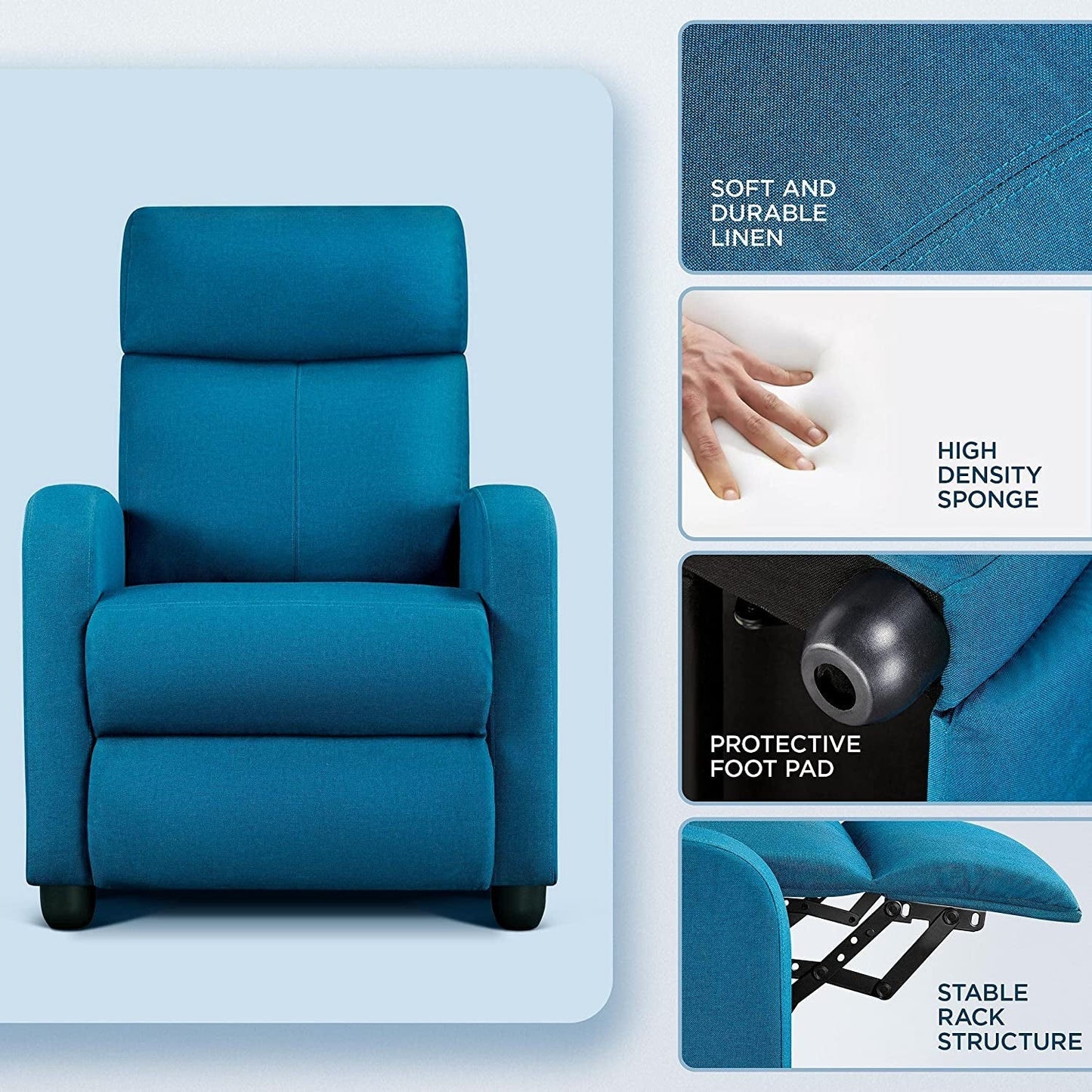 Fabric Pushback Recliner Chair, Blue-4
