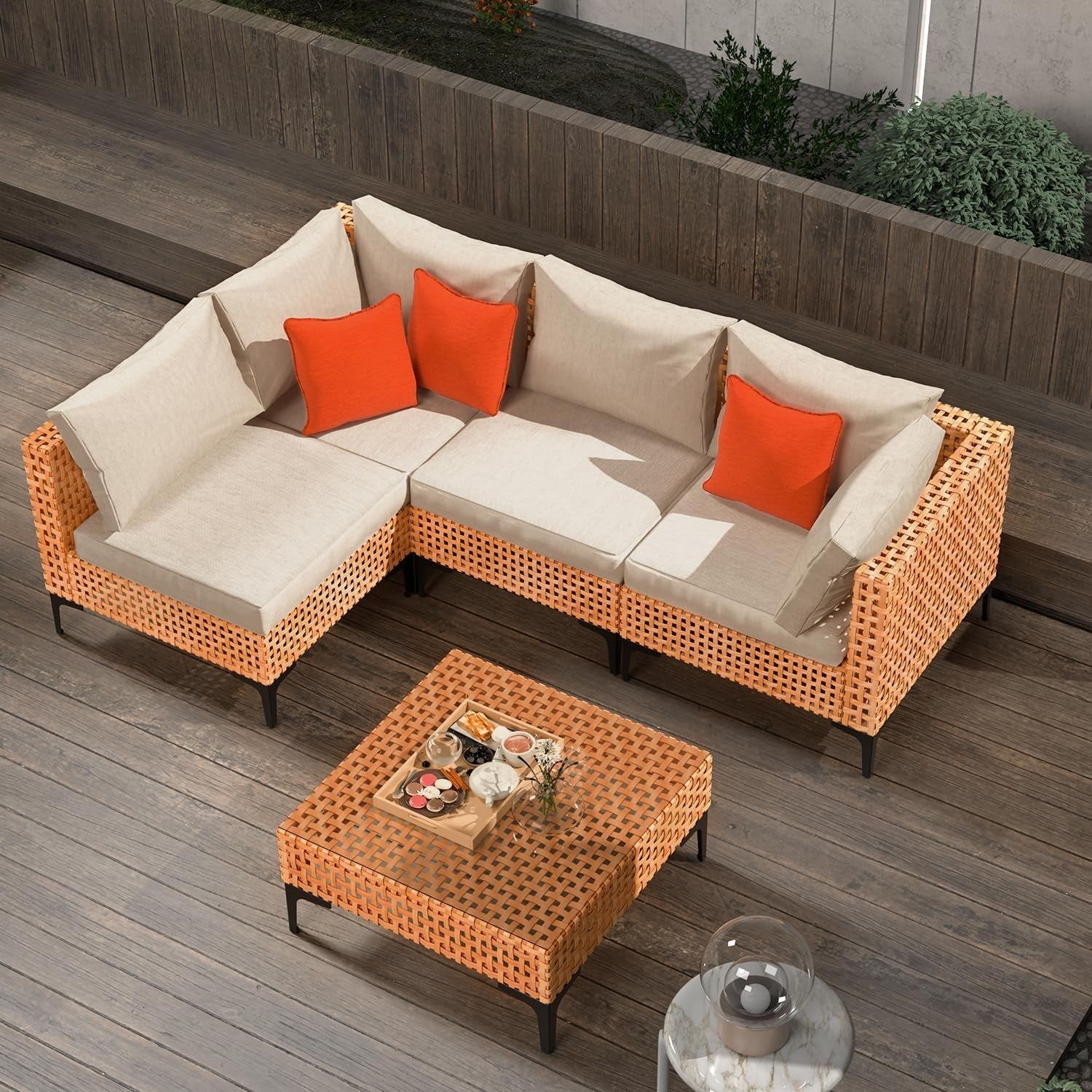 5 Piece Outdoor Patio Furniture Set Modular Outdoor Furniture Set Wicker Outdoor Sectional Sofa with Cushions Table Patio Set for Balcony Porch Deck Yard (Salmon&Orange Wicker, Sand Cushion)-0